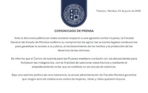 Fiscalía Morelos reafirma compromiso contra la violencia de género   Tras denuncias públicas de agresiones contra mujeres, la Fiscalía General del Estado de Morelos informó que:      Acciones legales serán agotadas para garantizar justicia y esclarecer los hechos