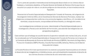 La Fiscalía General del Estado de Morelos informó el hallazgo de un cuerpo sin vida en las inmediaciones de Tepoztlán, durante un operativo interinstitucional de búsqueda realizado en Yautepec y municipios aledaños