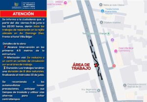 #ATENCION: Inician trabajos de reparación en rejilla de avenida Domingo Diez  A partir de las 22:00 horas del viernes 5 de junio, se realizarán trabajos de reparación en la rejilla ubicada frente al Hotel Villa Béjar