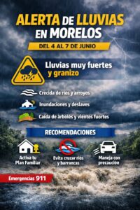 ️ CEPCM activa alertamiento preventivo en #Morelos  La Coordinación Estatal de Protección Civil informó que, de acuerdo con el pronóstico de Conagua, se esperan lluvias fuertes a muy fuertes en la entidad del jueves 4 al domingo 7 de junio