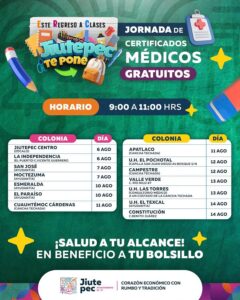 ¡Continúan los Certificados Médicos Gratuitos en Jiutepec!   Para Este Regreso a Clases el Ayuntamiento de Jiutepec además de mochilas y útiles escolares, te regala tu Certificado Médico