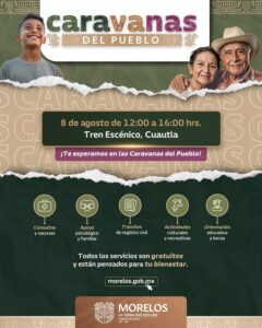 ¡Este sábado llegan las Caravanas del Pueblo al Tren Escénico!   Como parte del Plan Cuautla, el Gobierno de Morelos que encabeza Margarita González Sarabia acerca servicios GRATUITOS a la región oriente    Sábado 8 de agosto  12:00 a 16:00 hrs  ¿Qué encontrarás?   Consultas médicas  Vacunación  Apoyo psicológico y familiar  Trámites del Registro Civil  Orientación educativa y becas  Actividades culturales y recreativas  Asesorías de dependencias estatales y federales  Todo en un mismo lugar, sin necesidad de trasladarte   El Plan Cuautla combina seguridad con oportunidades de desarrollo para construir paz en la región