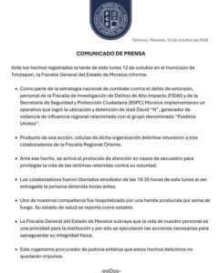 Totolapan: según la Fiscalía General del Estado de Morelos, la FIDAI y la SSPC hicieron un operativo en el que detuvieron a José David “N”, al que describe como generador de violencia de influencia regional, ligado al grupo “Pueblos Unidos”  Como respuesta, células de ese grupo retuvieron a tres colaboradores de la Fiscalía Regional Oriente