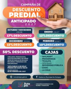 ¡Paga tu predial 2027 por adelantado en Jiutepec y obtén descuento! El Ayuntamiento de Jiutepec tiene abierta la Campaña de Descuento Predial Anticipado 2027  Al pagar, das certeza jurídica a tu hogar y ayudas a mejorar los servicios del municipio
