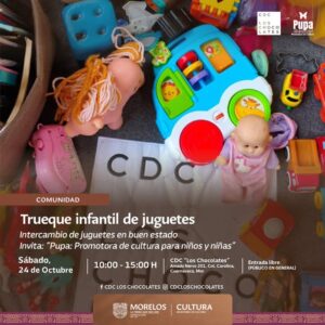 ¡Ven al CDC Los Chocolates!   Sábado 24 de octubre ⏰ Desde las 10:00 horas  CDC Los Chocolates  Habrá para toda la familia: ️ Mercadito comunitario con artistas, emprendedores y creadores  Trueque de juguetes y ropa, con PUPA (Promotora de Cultura para Niñas, Niños y Adolescentes)  Cascarita comunitaria de fútbol  Es abierto a personas de todas las edades