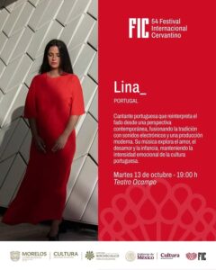 Fado tradicional y sonido electrónico: La portuguesa Lina_ se presenta en Cuernavaca  Este martes 13 de octubre, el Teatro Ocampo recibirá a la intérprete portuguesa Lina_, una de las voces más destacadas de la música contemporánea en Portugal, como parte de la oferta cultural del Festival Internacional Cervantino en el estado